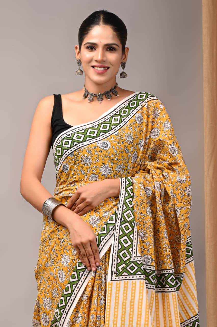 Jaipuri Mulmul Cotton Block Printed Saree With Blouse