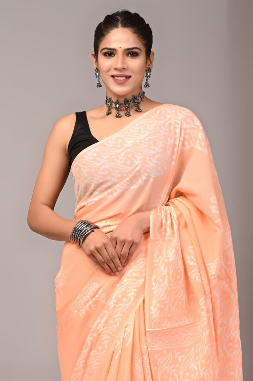 Jaipuri Mulmul Cotton Block Printed Saree With Blouse