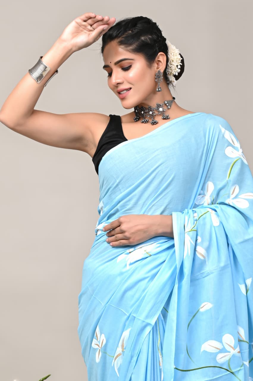 Jaipuri Mulmul Cotton Block Printed Saree With Blouse