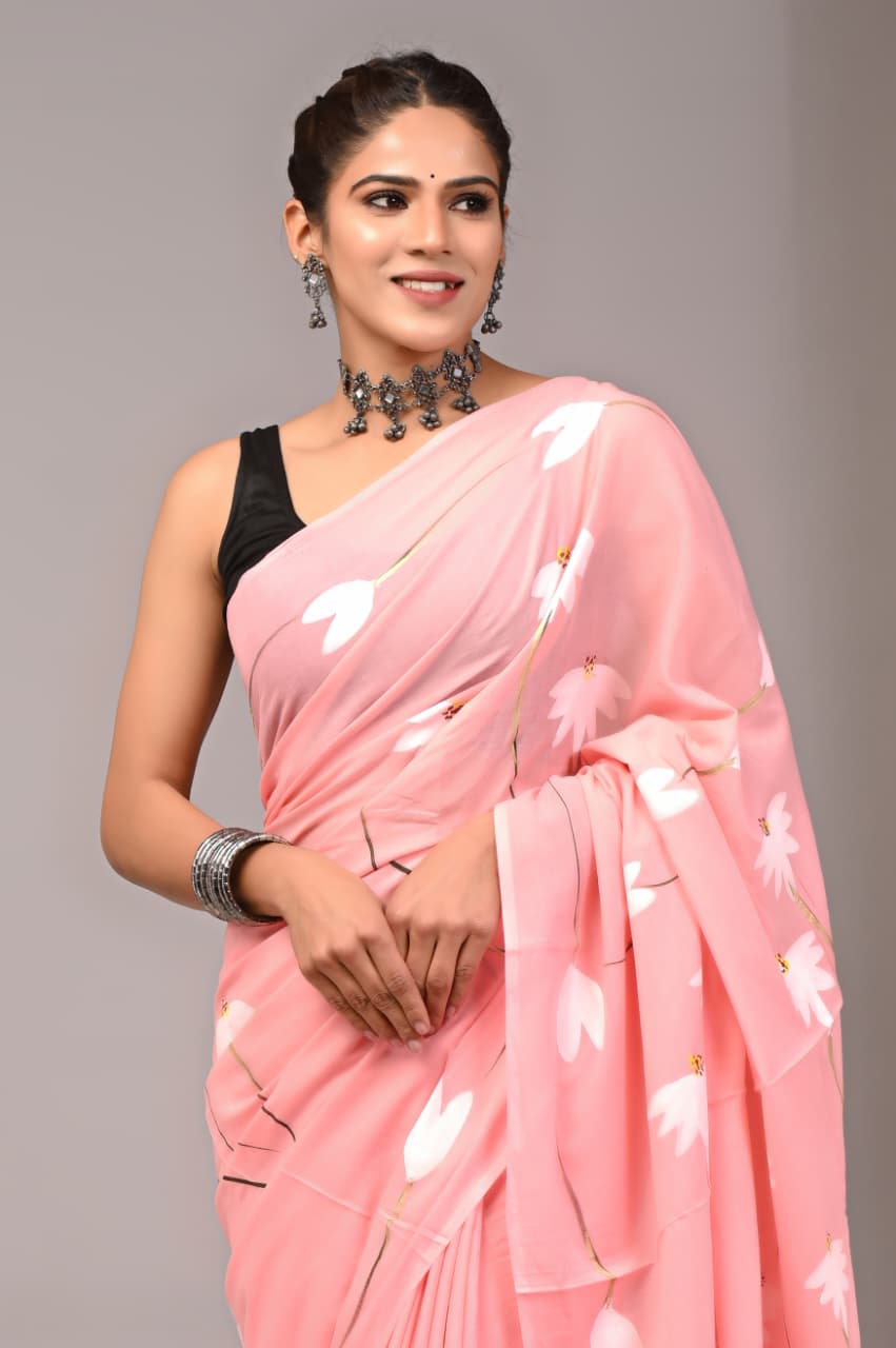 Jaipuri Mulmul Cotton Block Printed Saree With Blouse