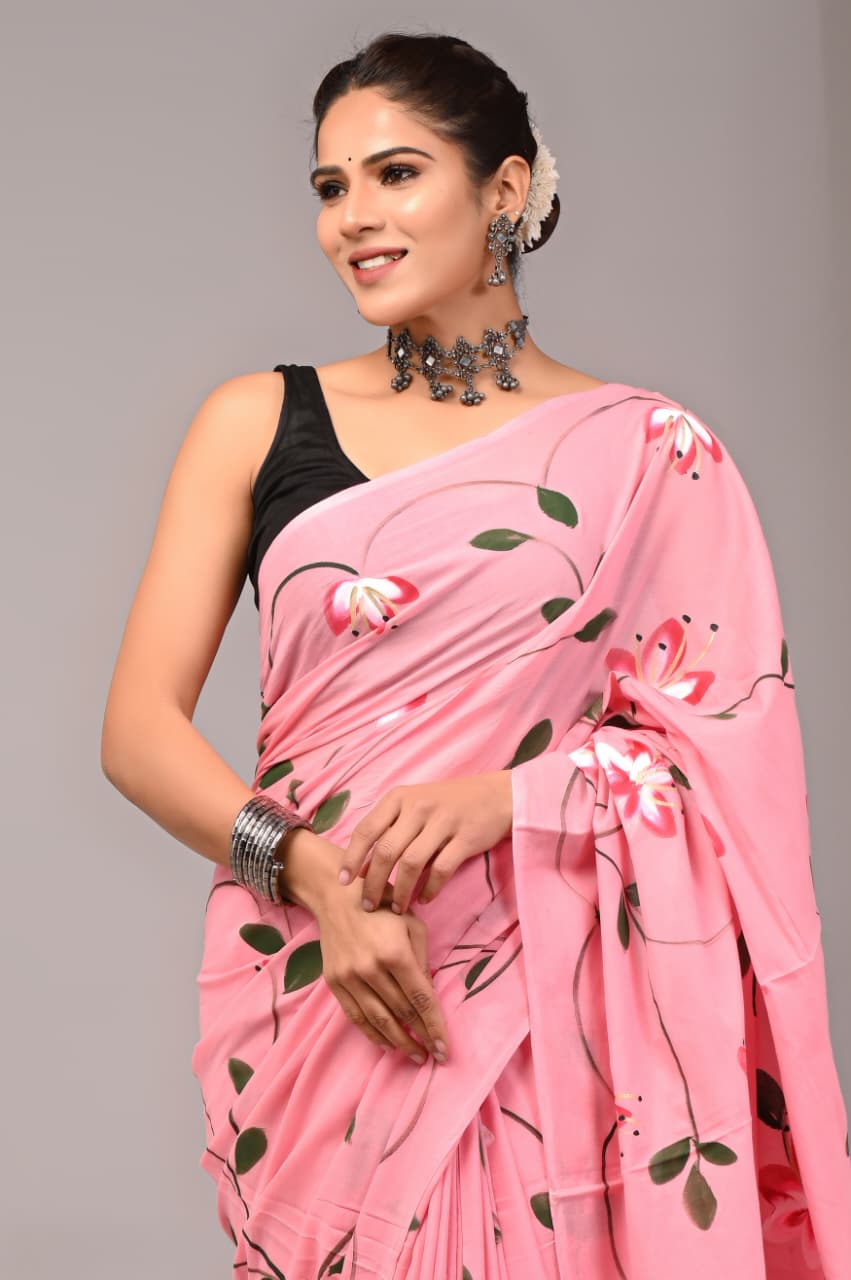 Jaipuri Mulmul Cotton Block Printed Saree With Blouse