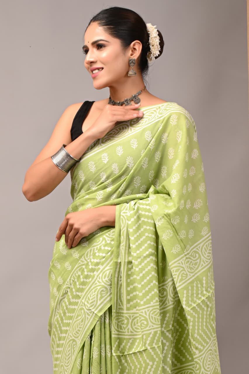 Jaipuri Mulmul Cotton Block Printed Saree With Blouse