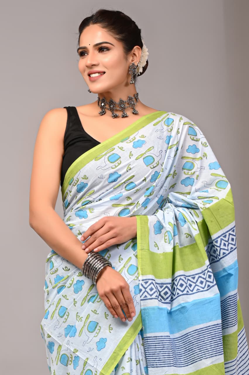 Jaipuri Mulmul Cotton Block Printed Saree With Blouse