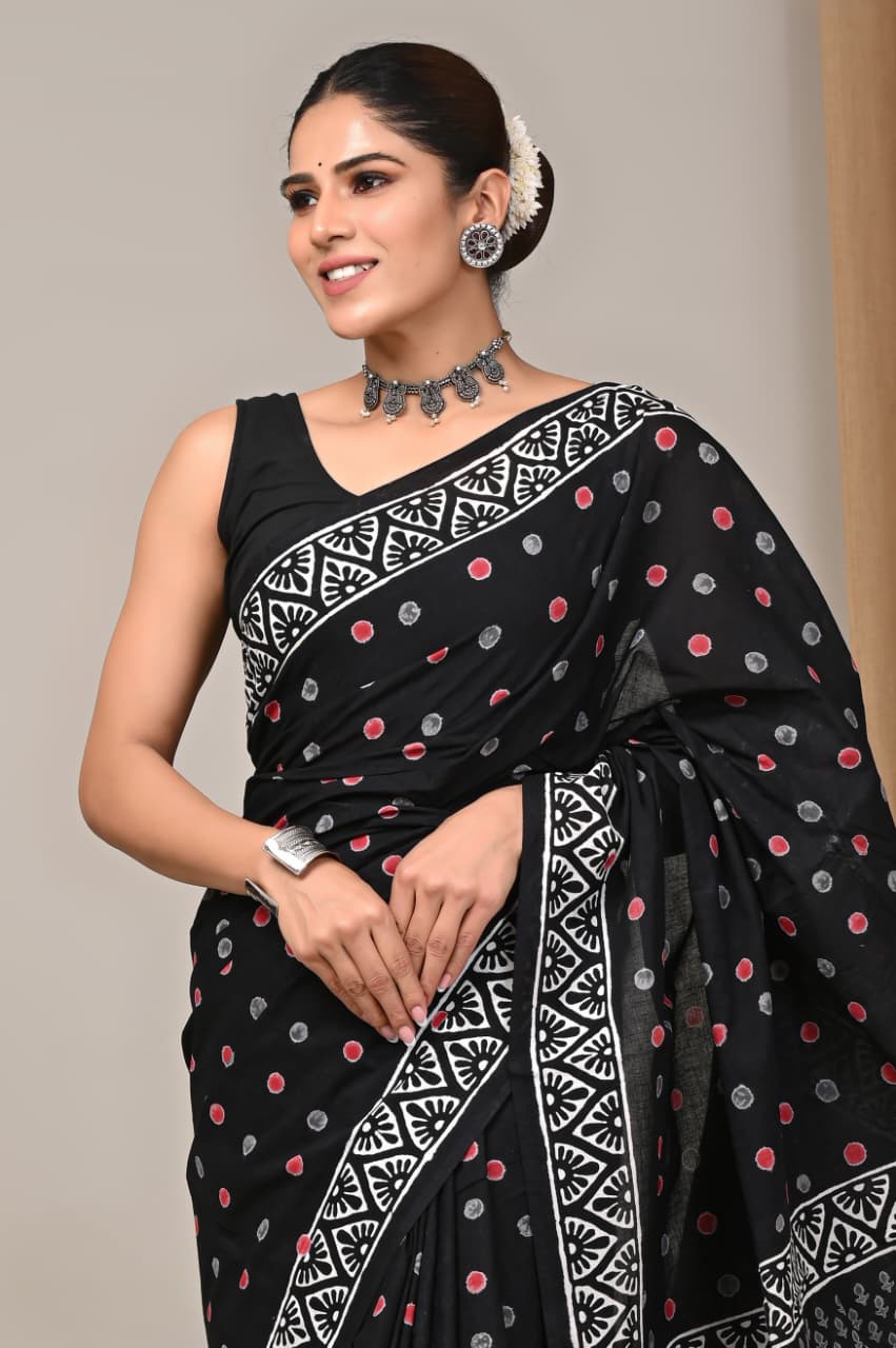 Jaipuri Mulmul Cotton Block Printed Saree With Blouse