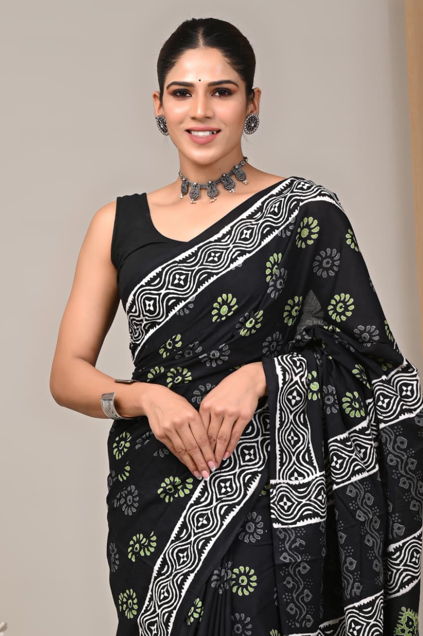 Jaipuri Mulmul Cotton Block Printed Saree With Blouse