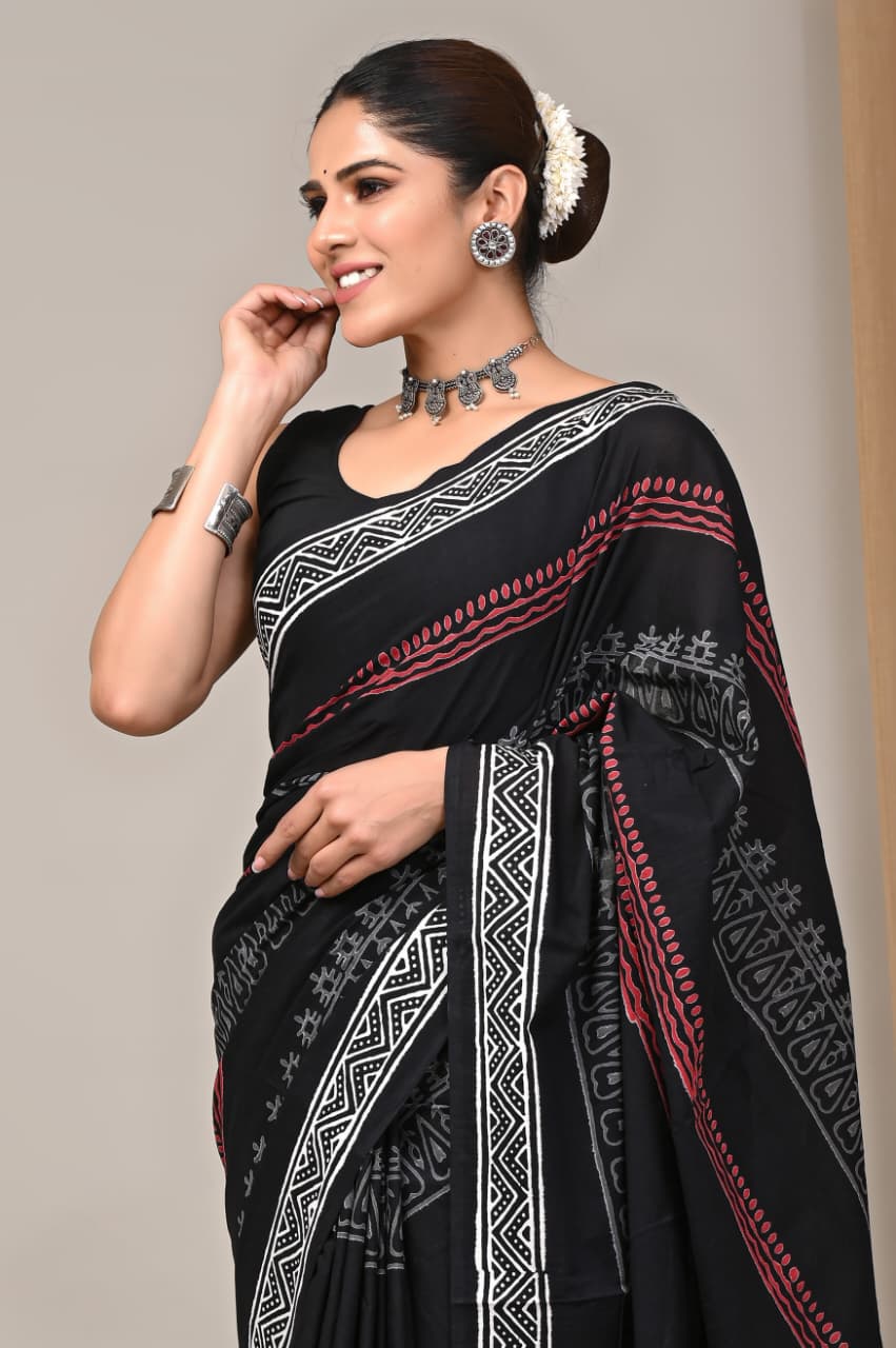Jaipuri Mulmul Cotton Block Printed Saree With Blouse