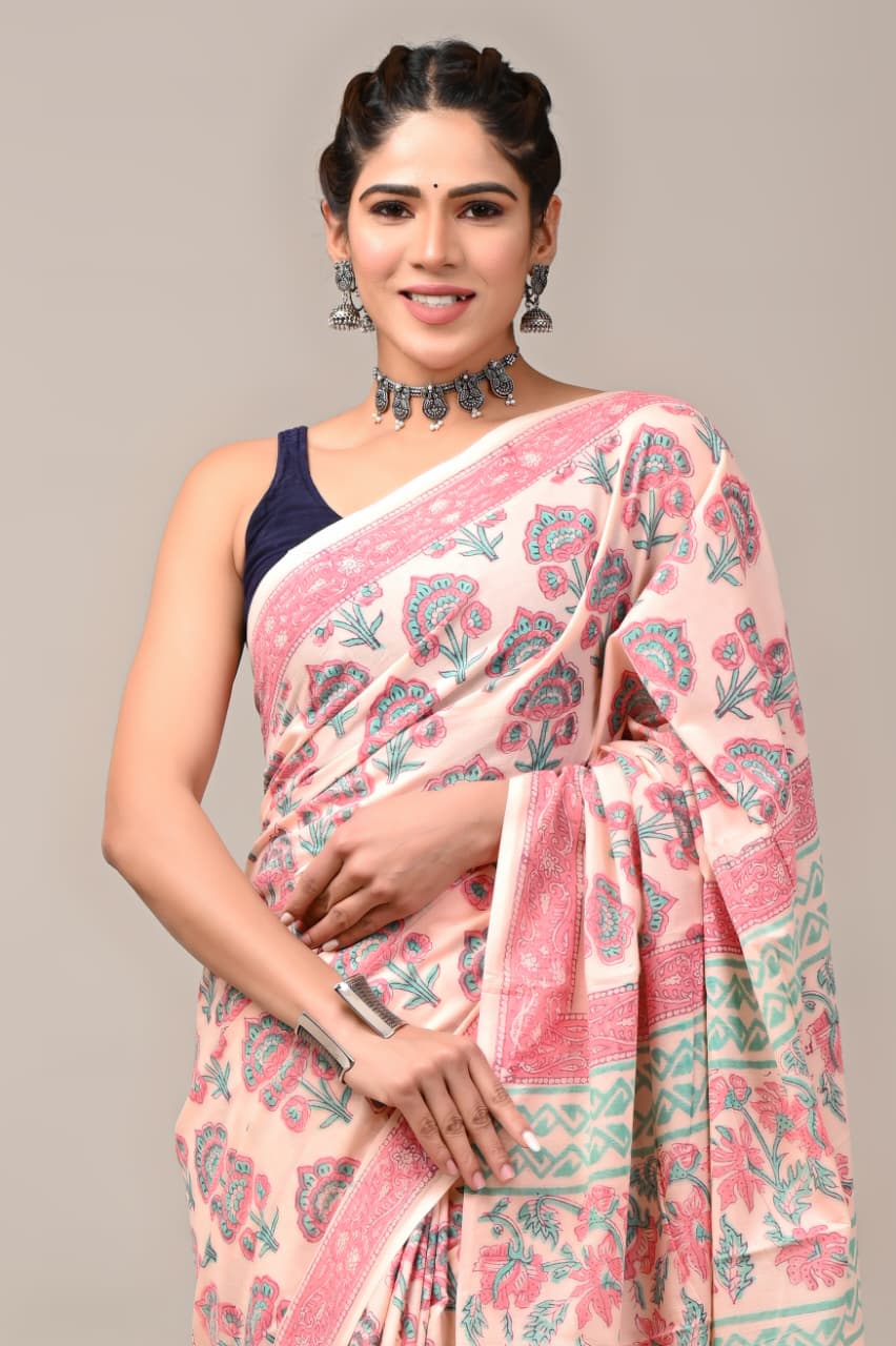Jaipuri Mulmul Cotton Block Printed Saree With Blouse