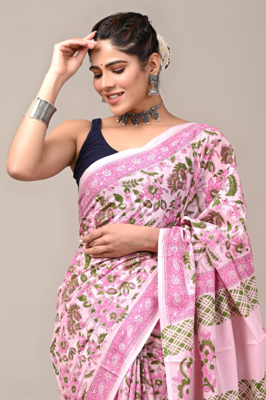 Jaipuri Mulmul Cotton Block Printed Saree With Blouse