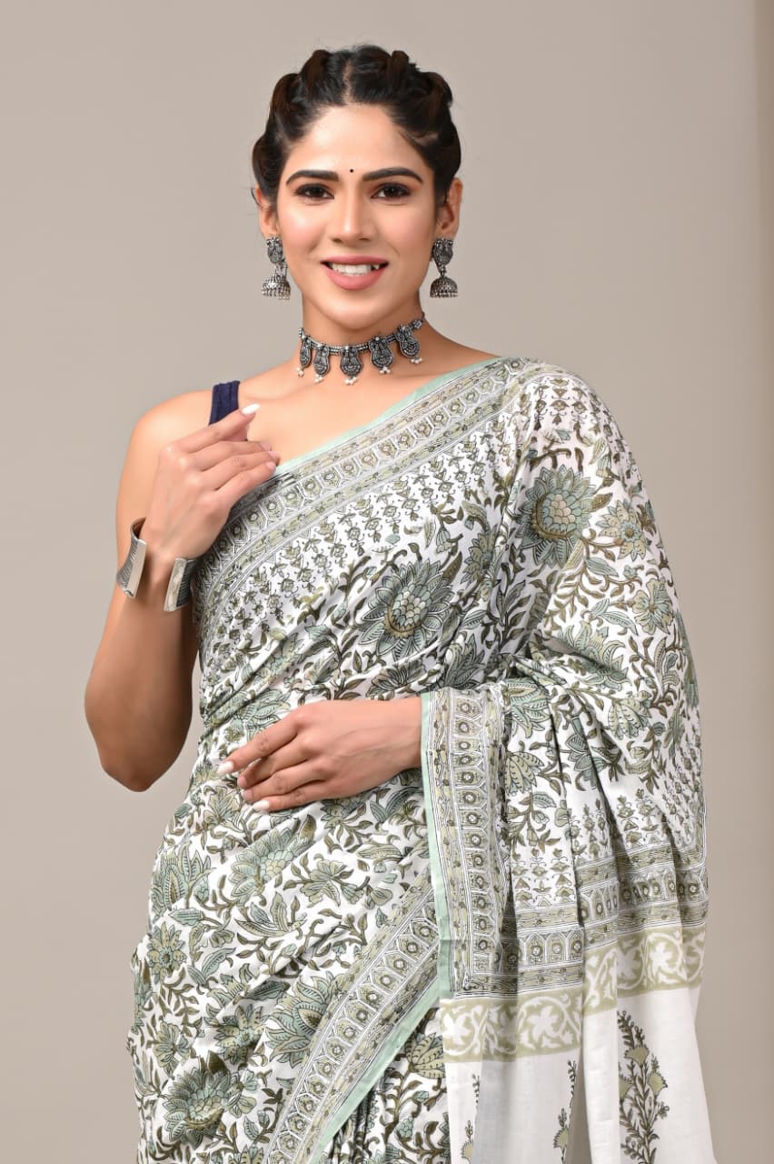 Jaipuri Mulmul Cotton Block Printed Saree With Blouse