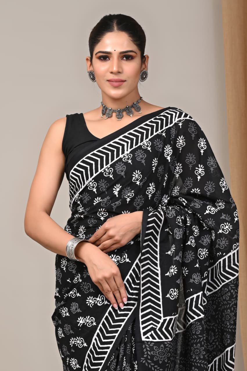 Jaipuri Mulmul Cotton Block Printed Saree With Blouse
