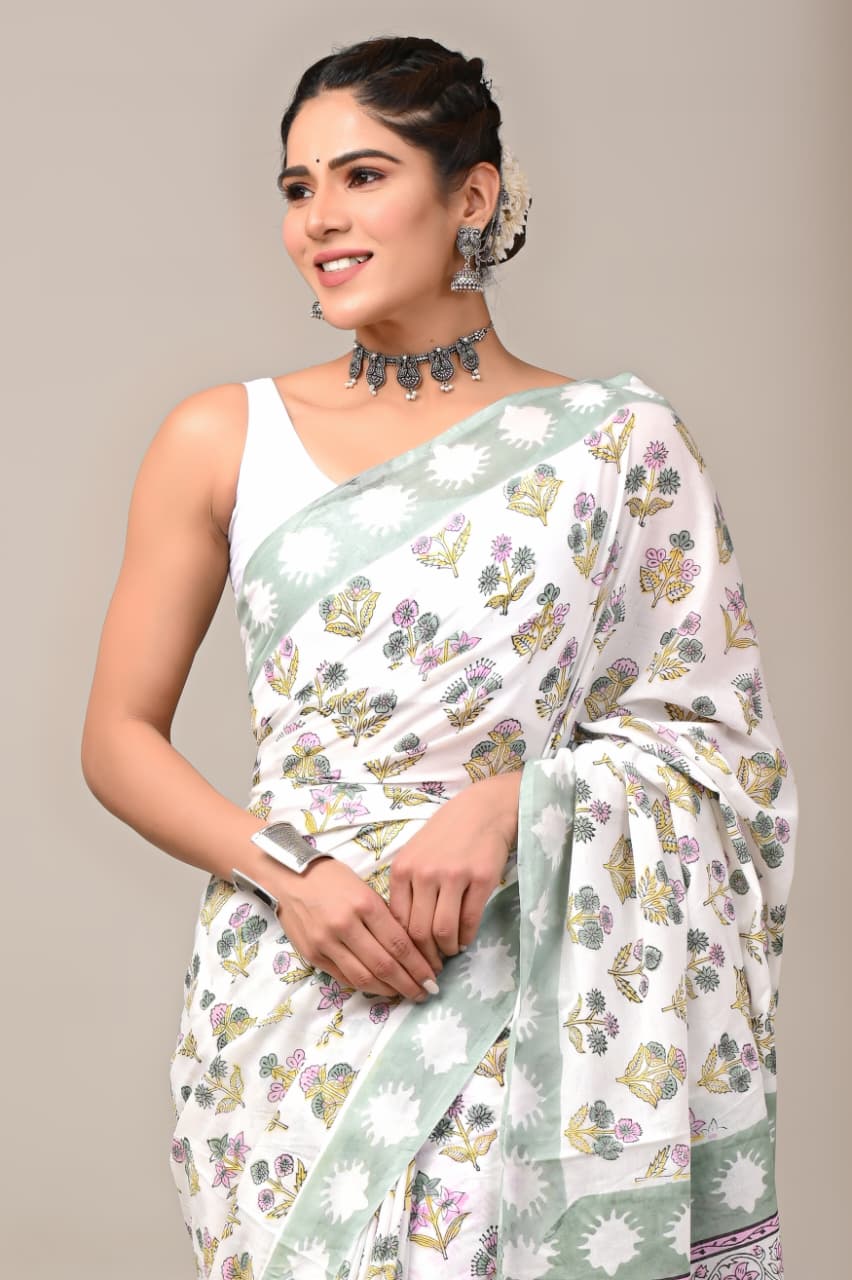 Jaipuri Mulmul Cotton Block Printed Saree With Blouse