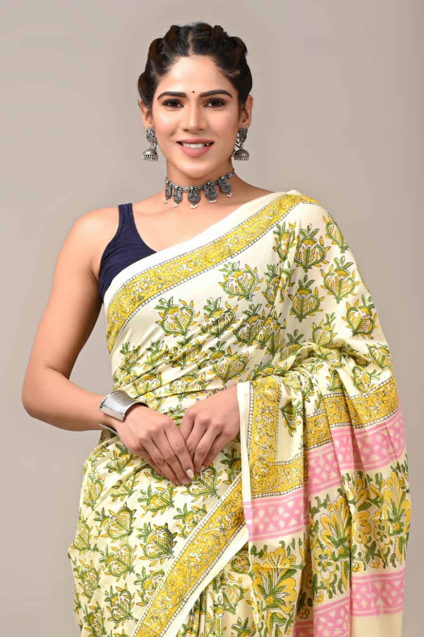Jaipuri Mulmul Cotton Block Printed Saree With Blouse