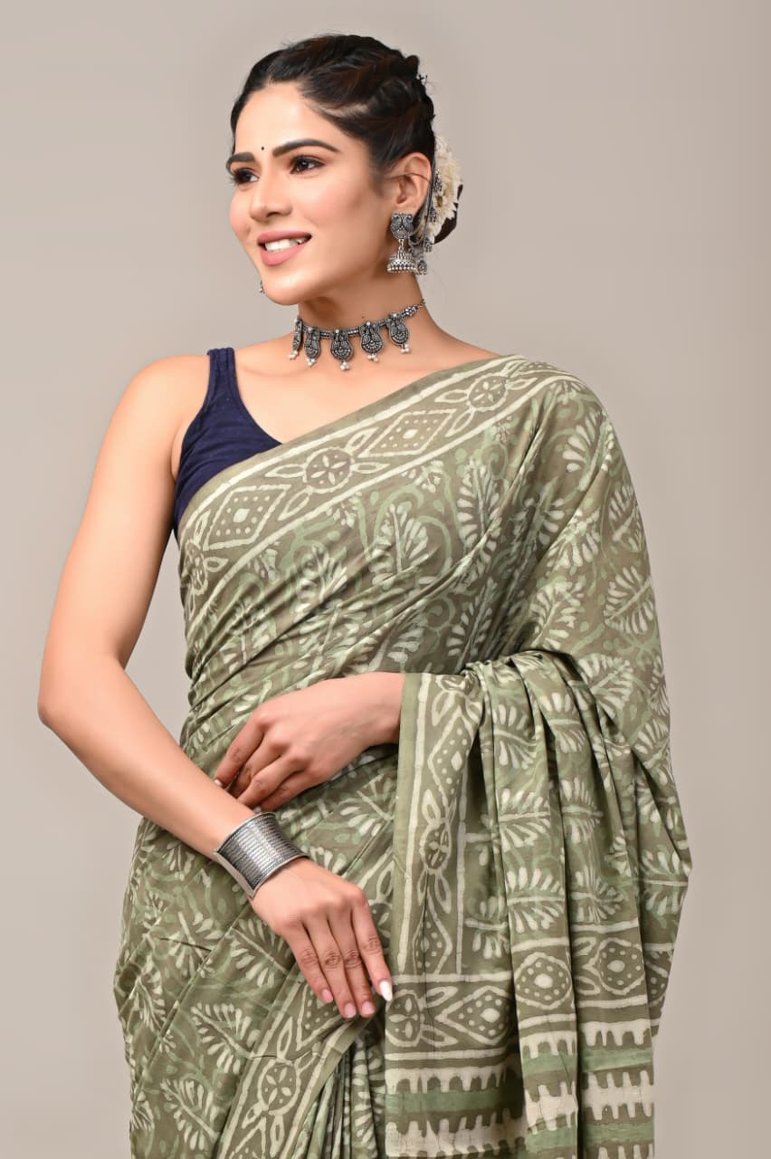 Jaipuri Mulmul Cotton Block Printed Saree With Blouse