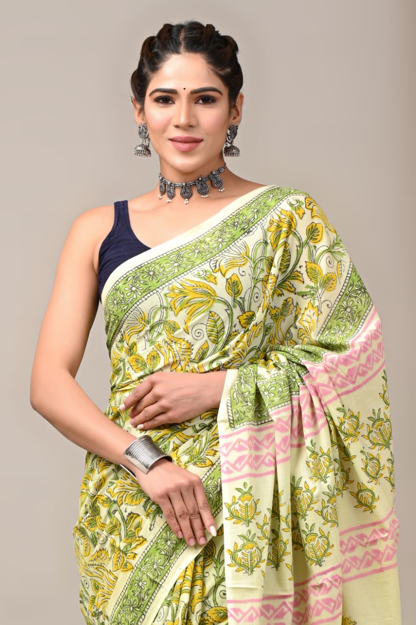 Jaipuri Mulmul Cotton Block Printed Saree With Blouse