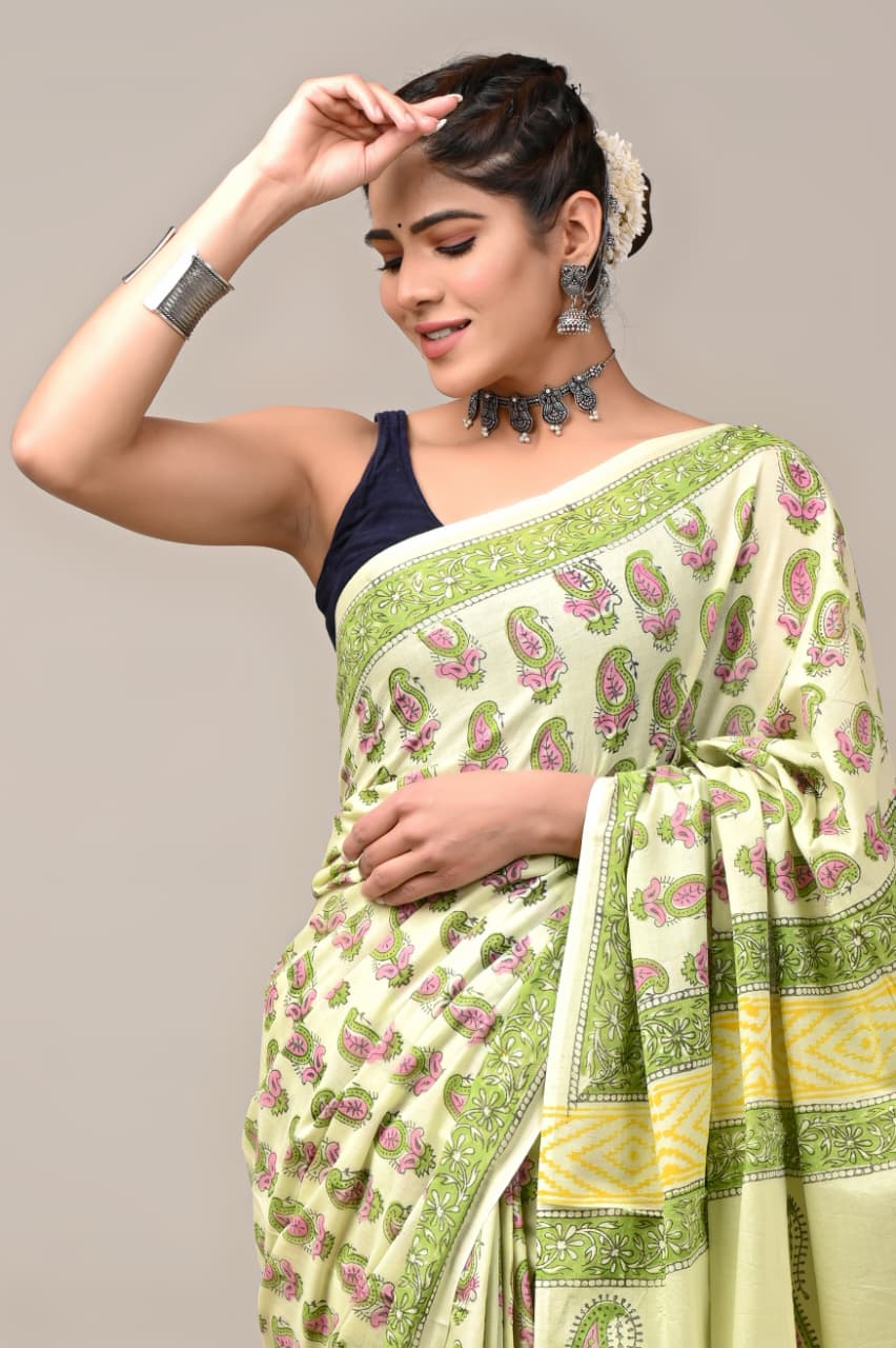 Jaipuri Mulmul Cotton Block Printed Saree With Blouse