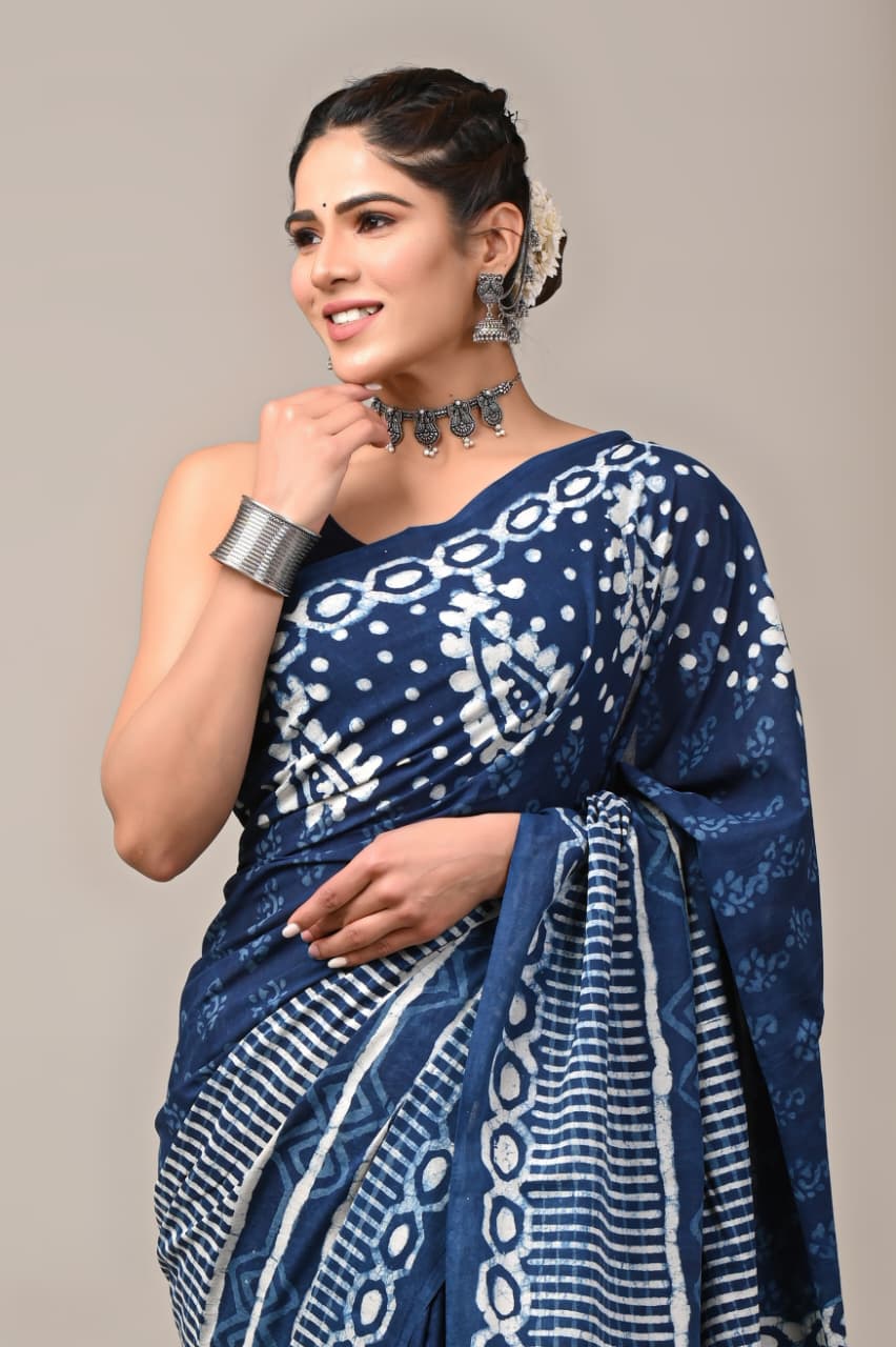 Jaipuri Mulmul Cotton Block Printed Saree With Blouse