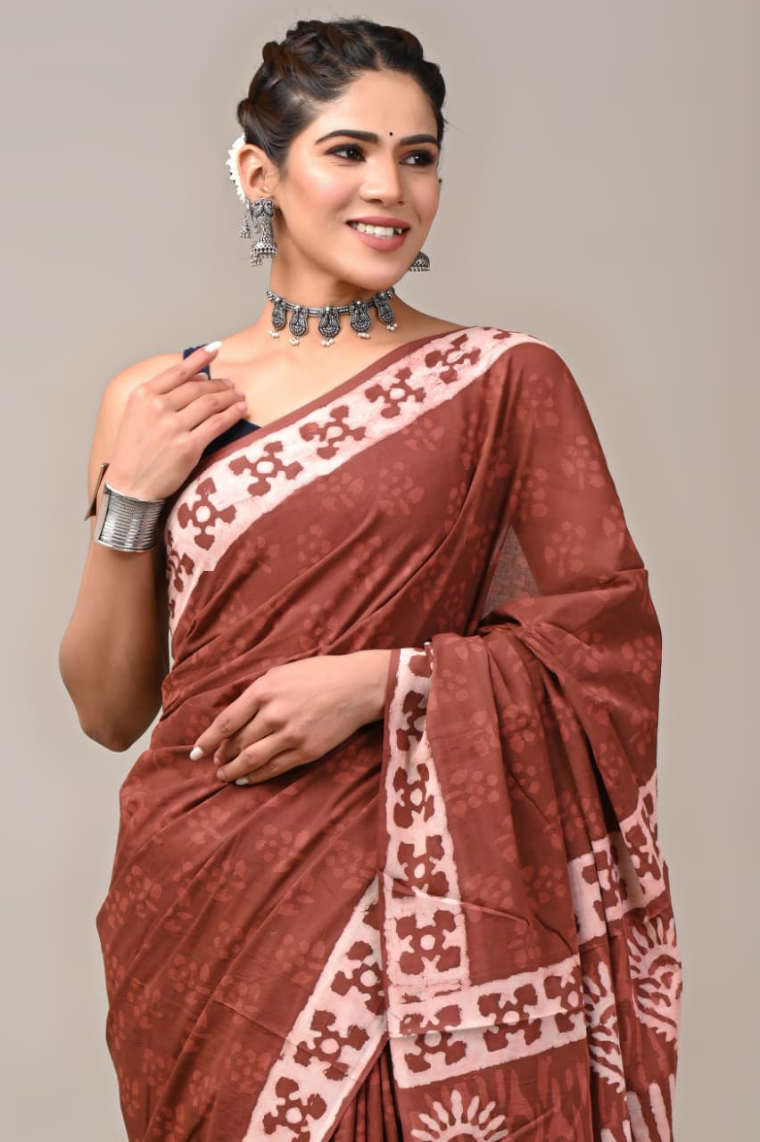 Jaipuri Mulmul Cotton Block Printed Saree With Blouse