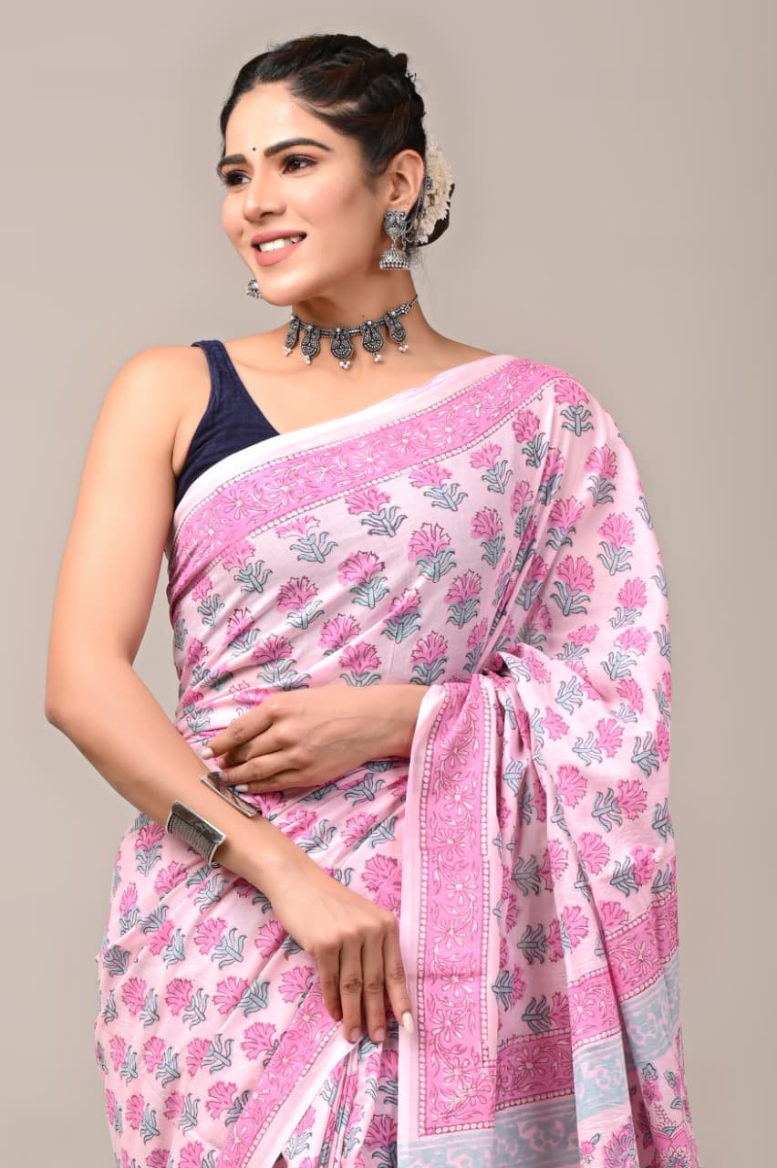 Jaipuri Mulmul Cotton Block Printed Saree With Blouse