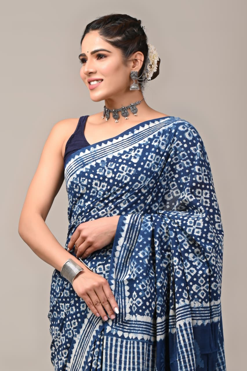 Jaipuri Mulmul Cotton Block Printed Saree With Blouse