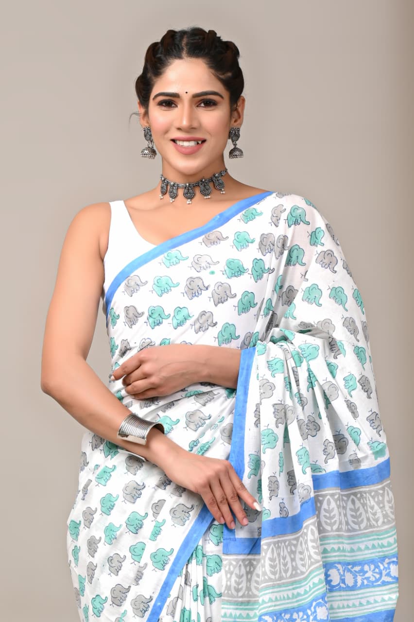 Jaipuri Mulmul Cotton Block Printed Saree With Blouse