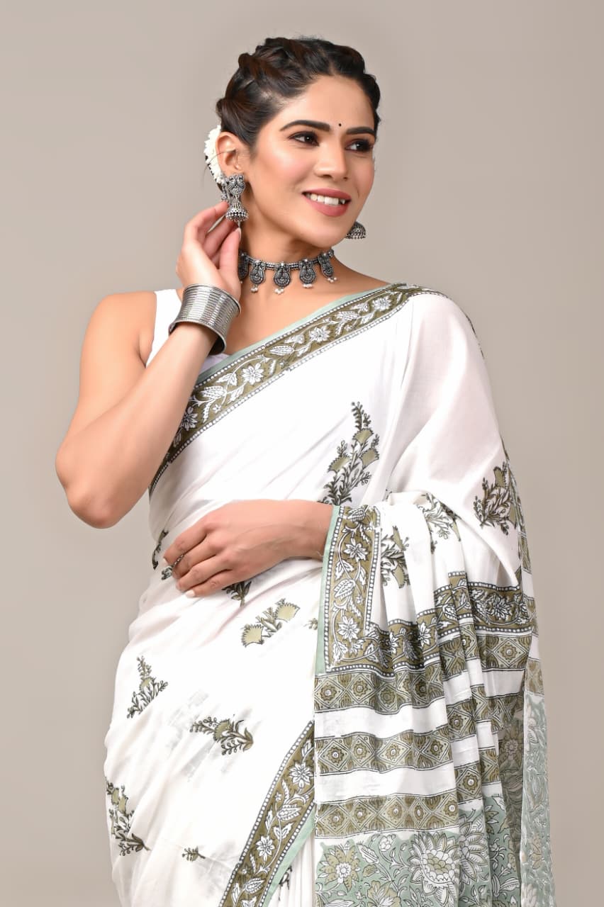 Jaipuri Mulmul Cotton Block Printed Saree With Blouse