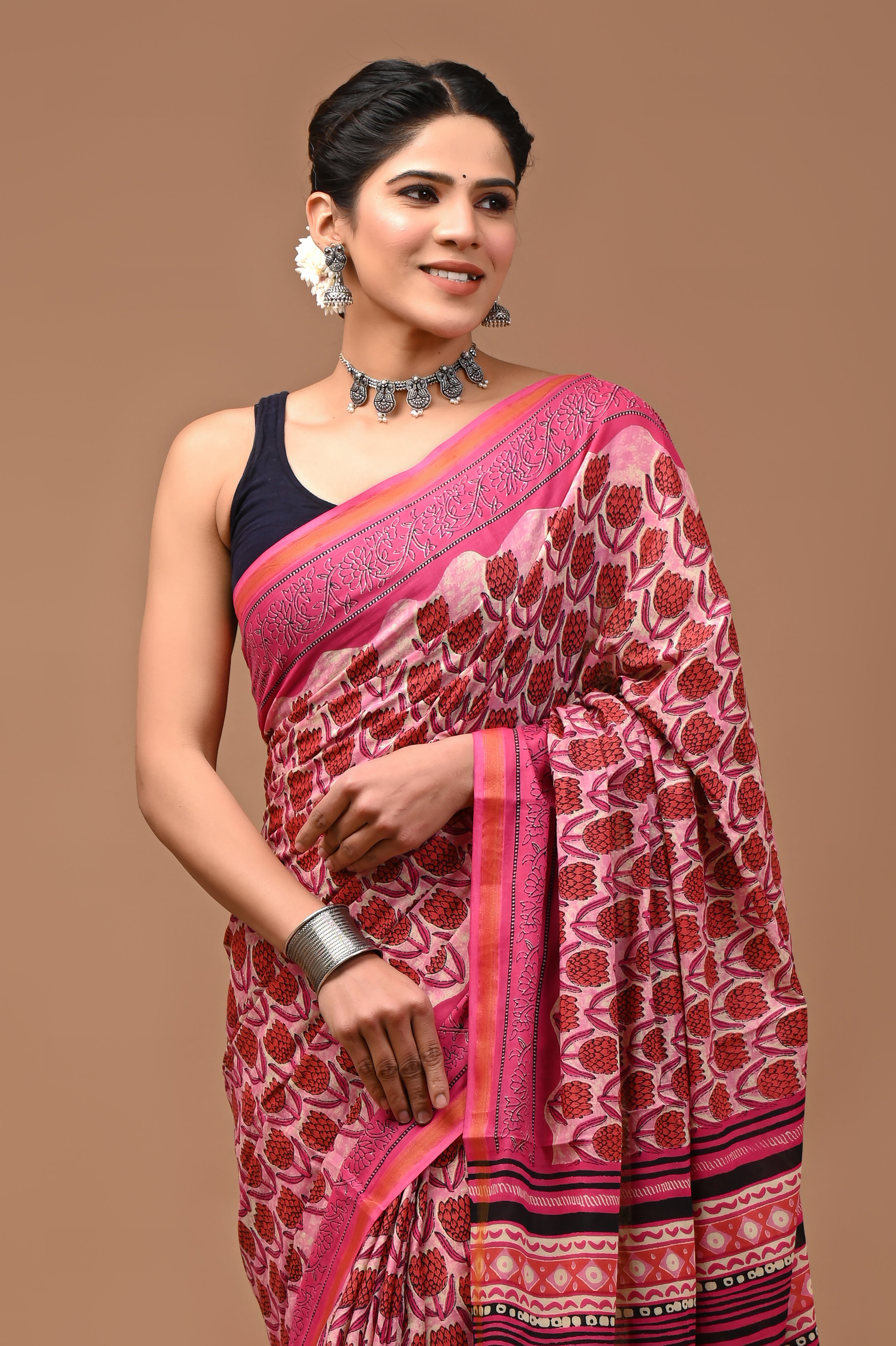 Jaipuri Mulmul Cotton Printed saree With Blouse With Zari Border