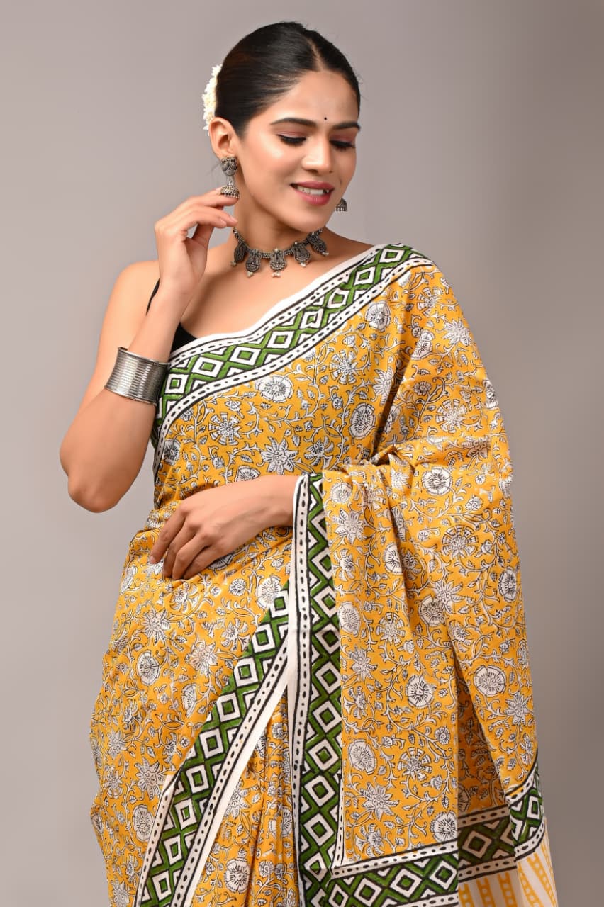 Jaipuri Mulmul Cotton Block Printed Saree With Blouse