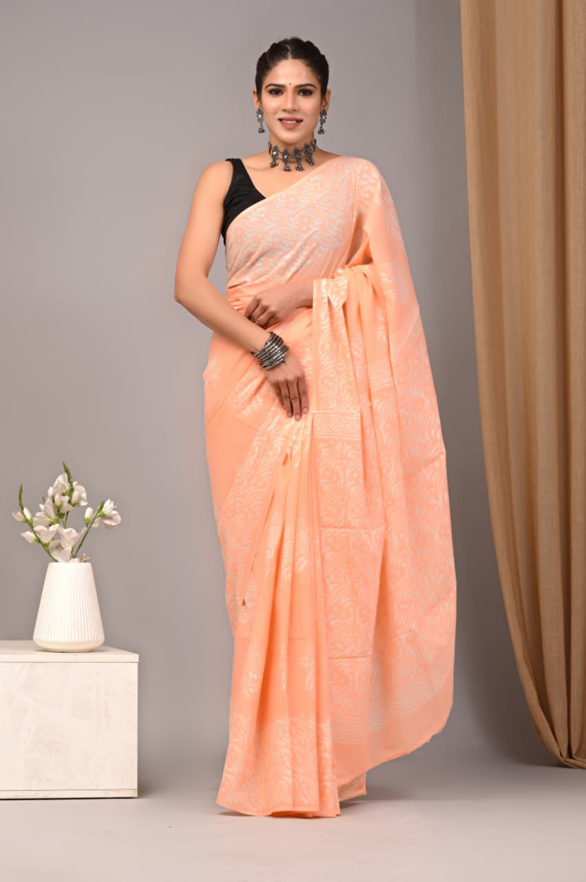 Jaipuri Mulmul Cotton Block Printed Saree With Blouse