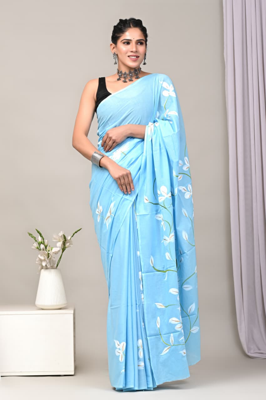 Jaipuri Mulmul Cotton Block Printed Saree With Blouse