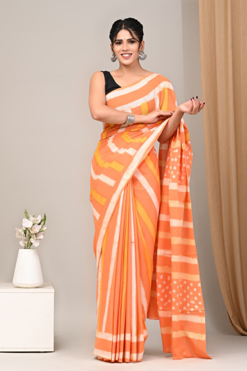 Jaipuri Mulmul Cotton Block Printed Saree With Blouse