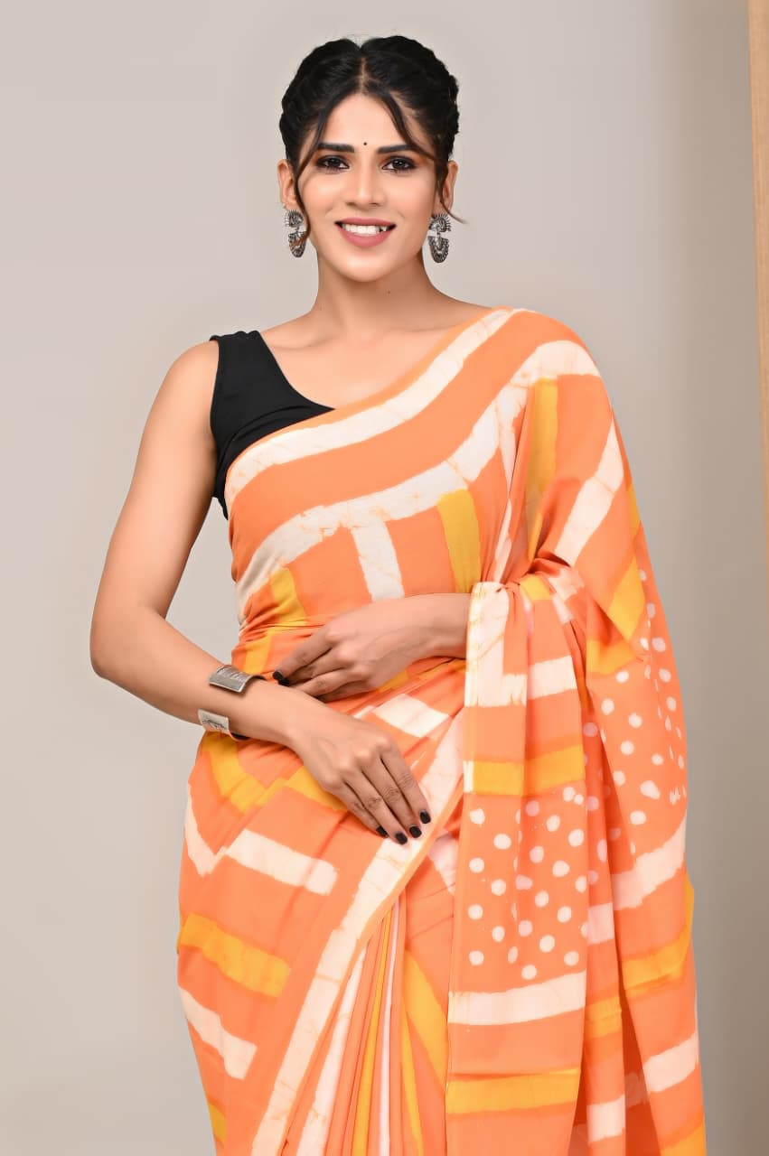 Jaipuri Mulmul Cotton Block Printed Saree With Blouse