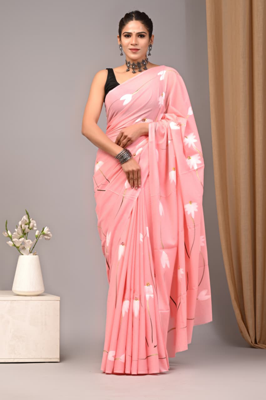 Jaipuri Mulmul Cotton Block Printed Saree With Blouse