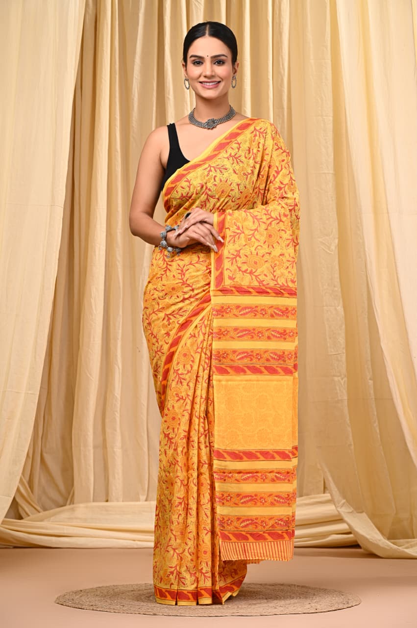 Jaipuri Mulmul Cotton Block Printed Saree With Blouse