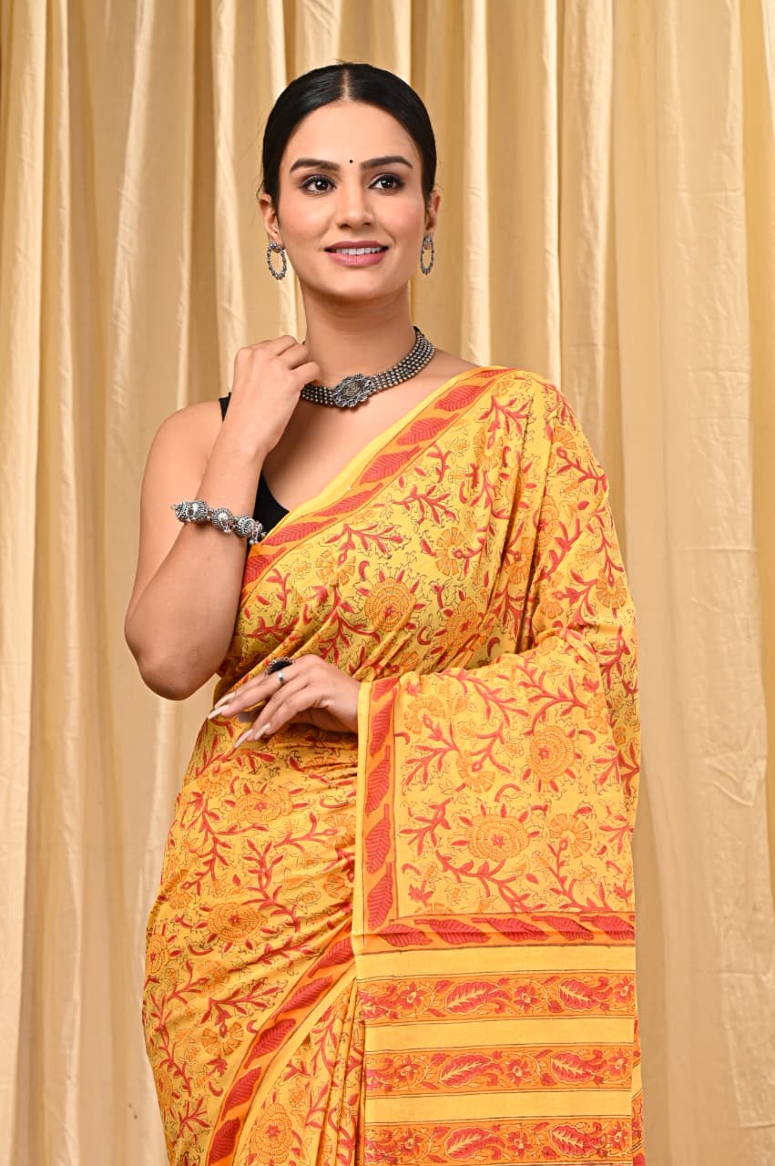 Jaipuri Mulmul Cotton Block Printed Saree With Blouse