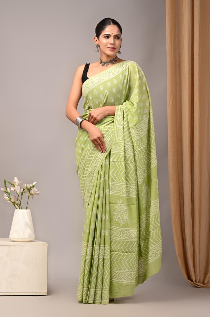 Jaipuri Mulmul Cotton Block Printed Saree With Blouse