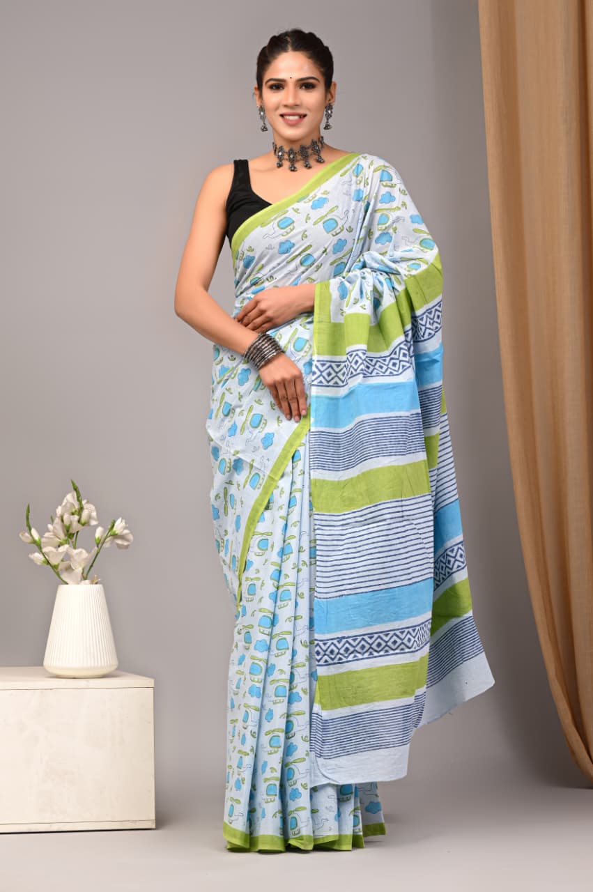 Jaipuri Mulmul Cotton Block Printed Saree With Blouse