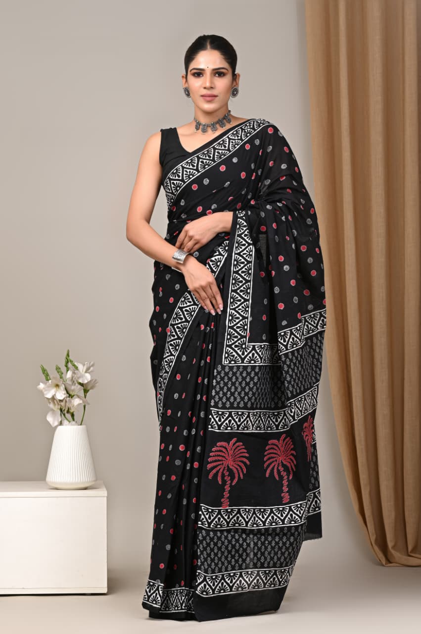 Jaipuri Mulmul Cotton Block Printed Saree With Blouse