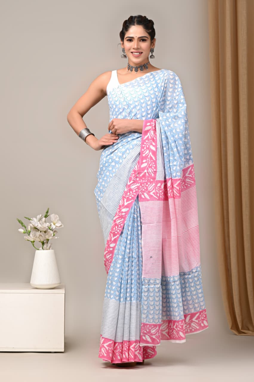 Jaipuri Mulmul Cotton Block Printed Saree With Blouse