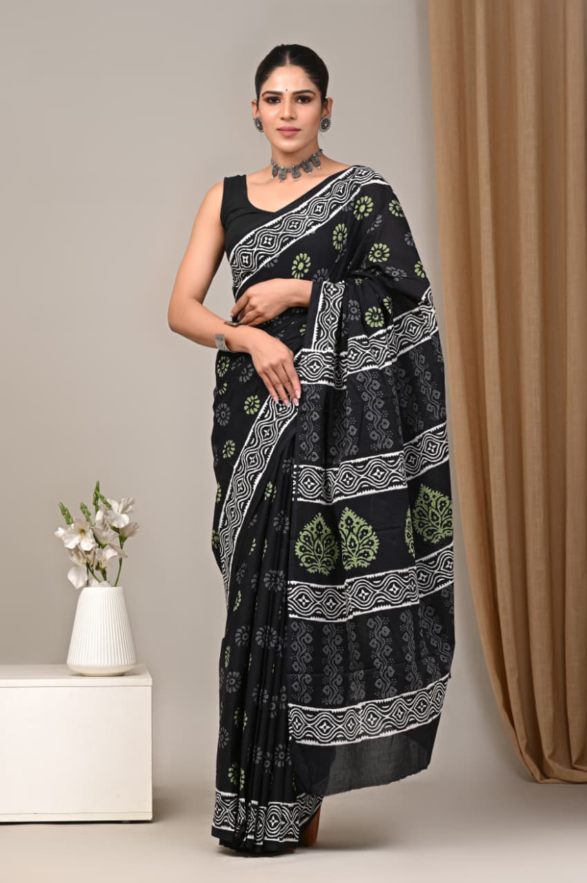 Jaipuri Mulmul Cotton Block Printed Saree With Blouse