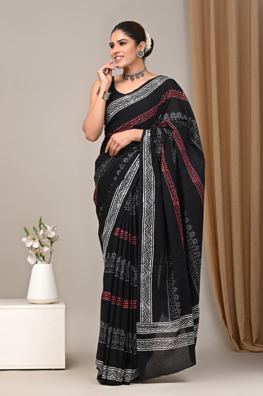 Jaipuri Mulmul Cotton Block Printed Saree With Blouse