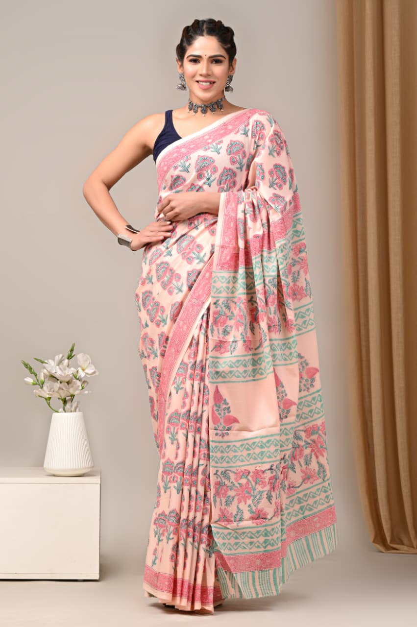 Jaipuri Mulmul Cotton Block Printed Saree With Blouse