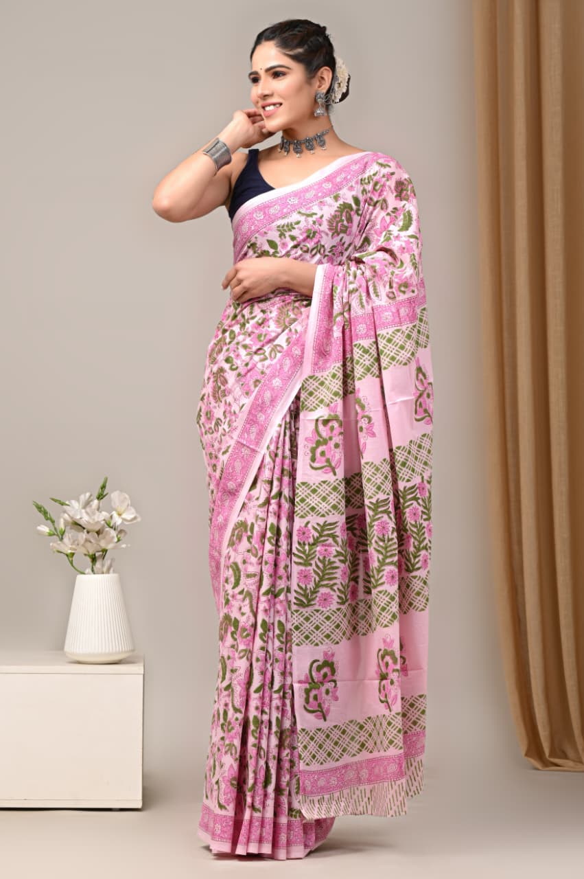 Jaipuri Mulmul Cotton Block Printed Saree With Blouse