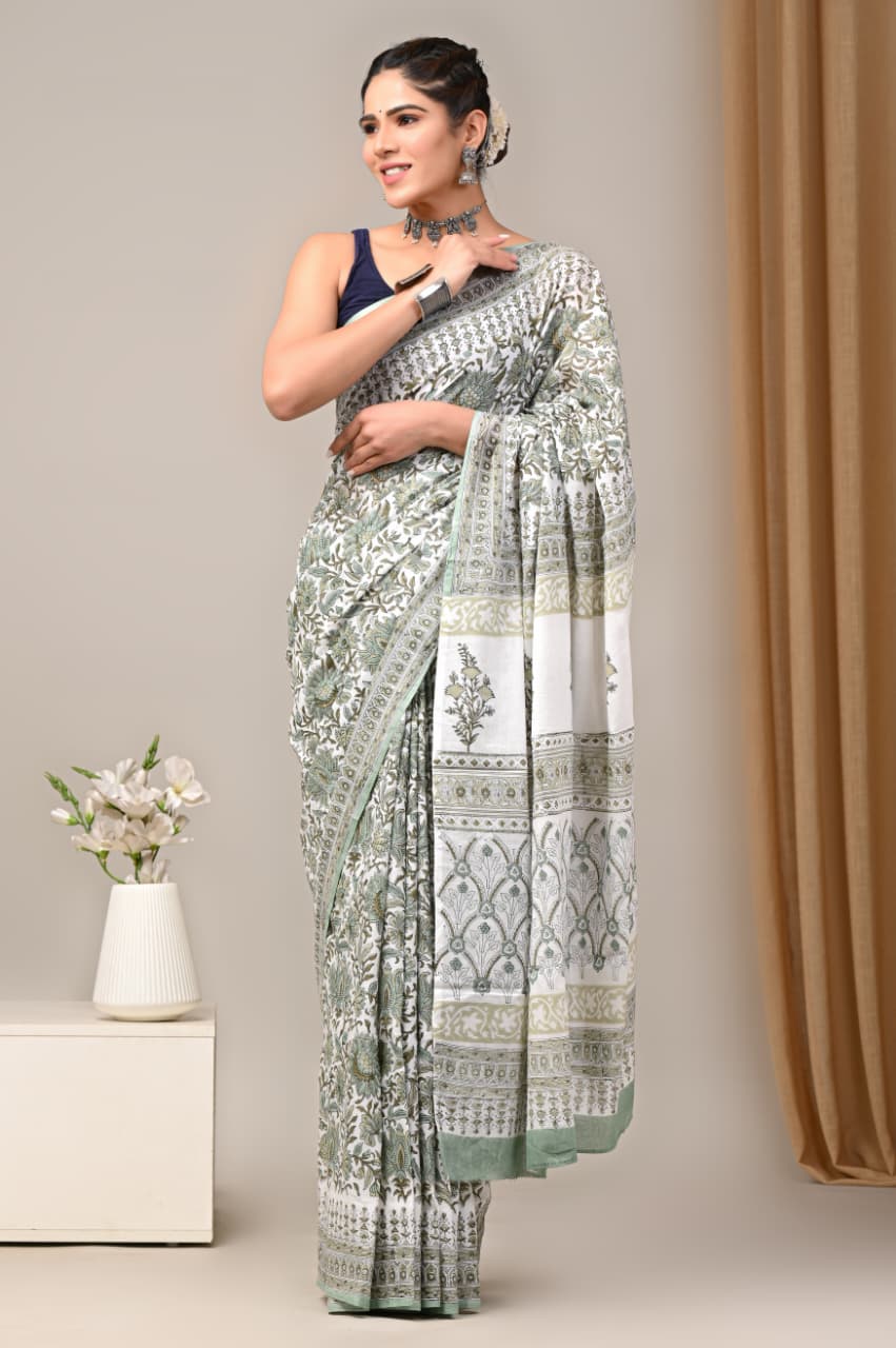 Jaipuri Mulmul Cotton Block Printed Saree With Blouse
