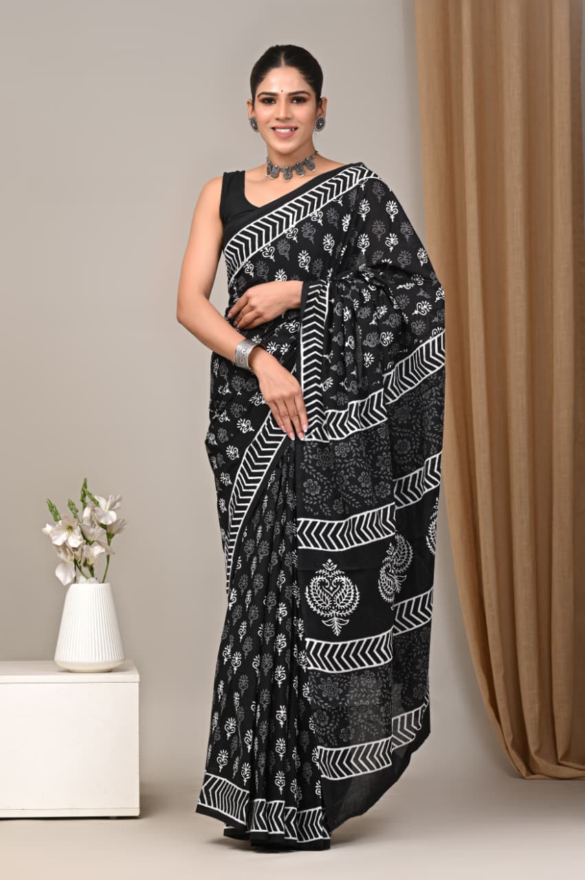 Jaipuri Mulmul Cotton Block Printed Saree With Blouse