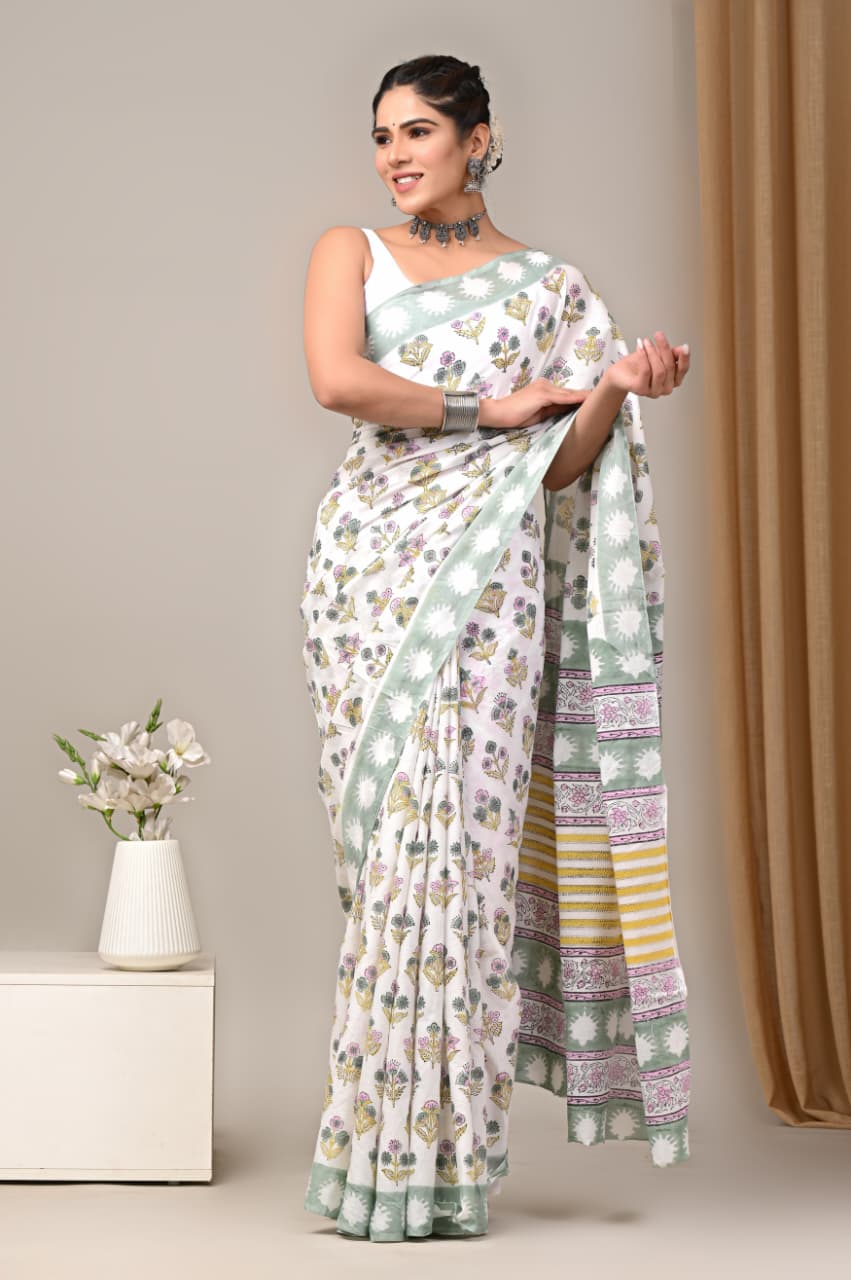Jaipuri Mulmul Cotton Block Printed Saree With Blouse
