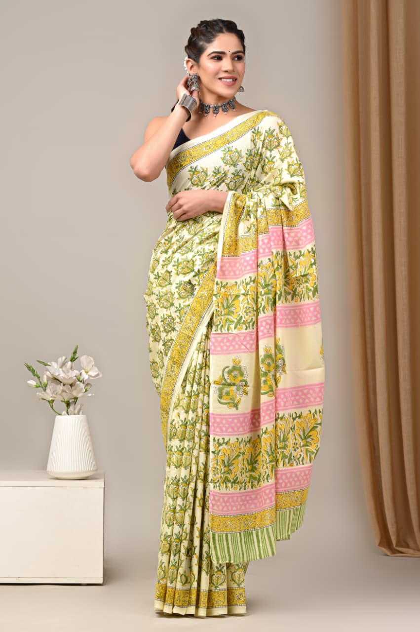 Jaipuri Mulmul Cotton Block Printed Saree With Blouse