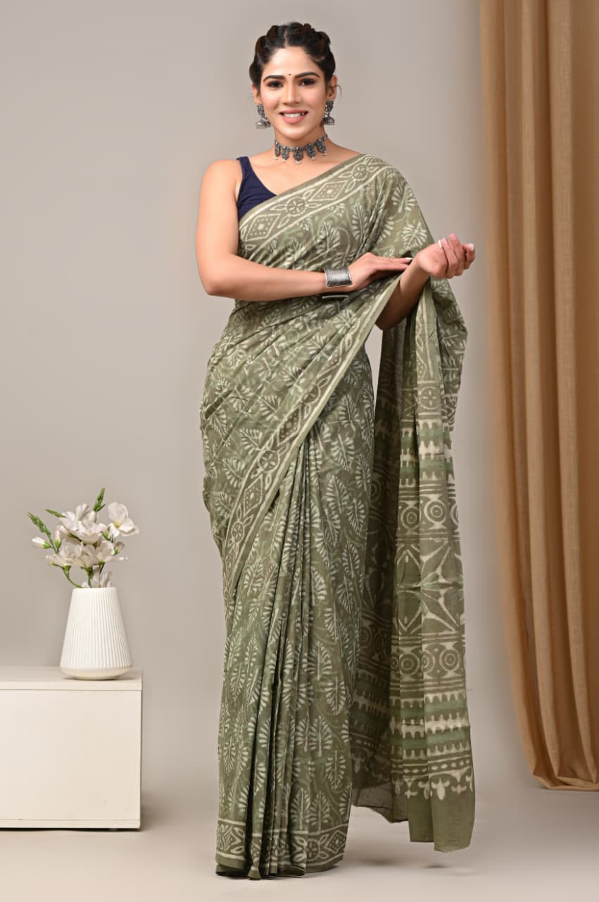 Jaipuri Mulmul Cotton Block Printed Saree With Blouse