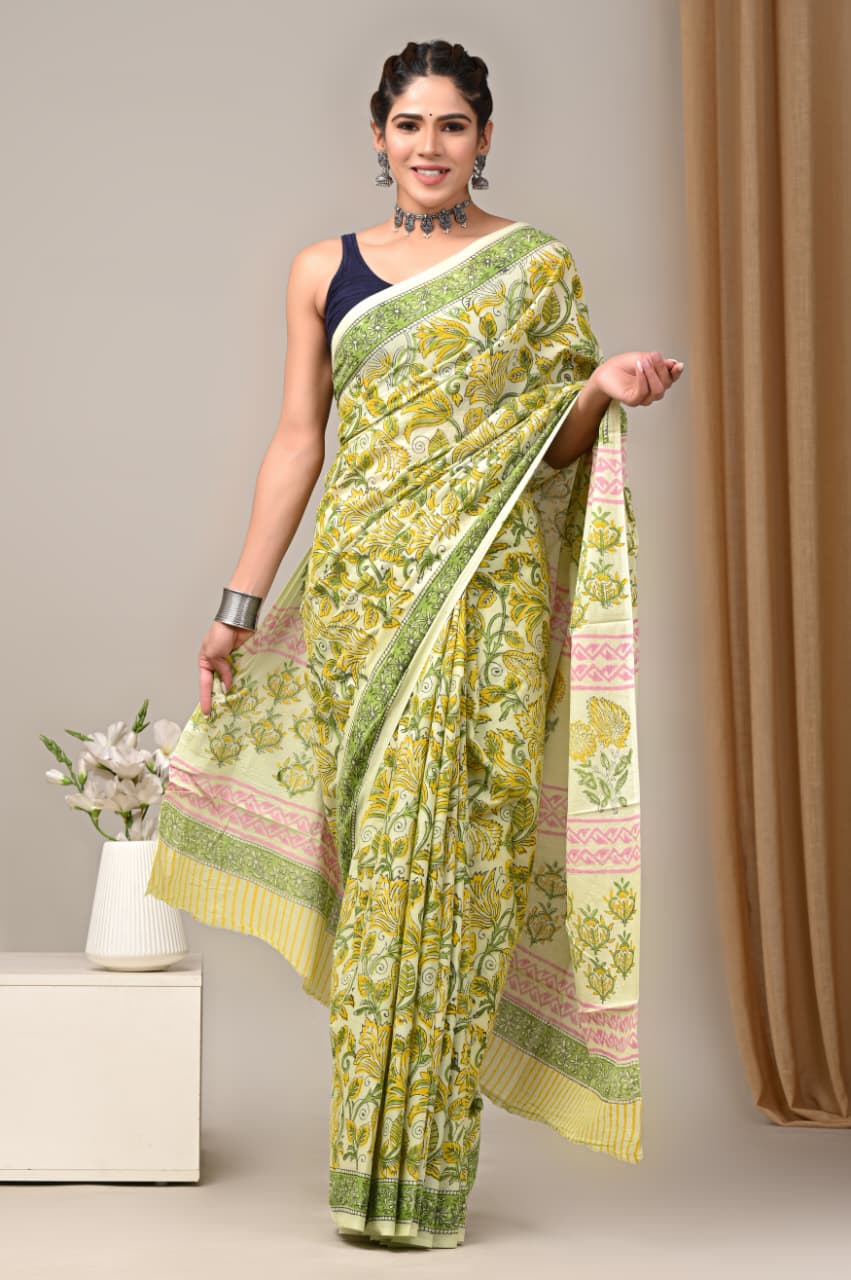 Jaipuri Mulmul Cotton Block Printed Saree With Blouse