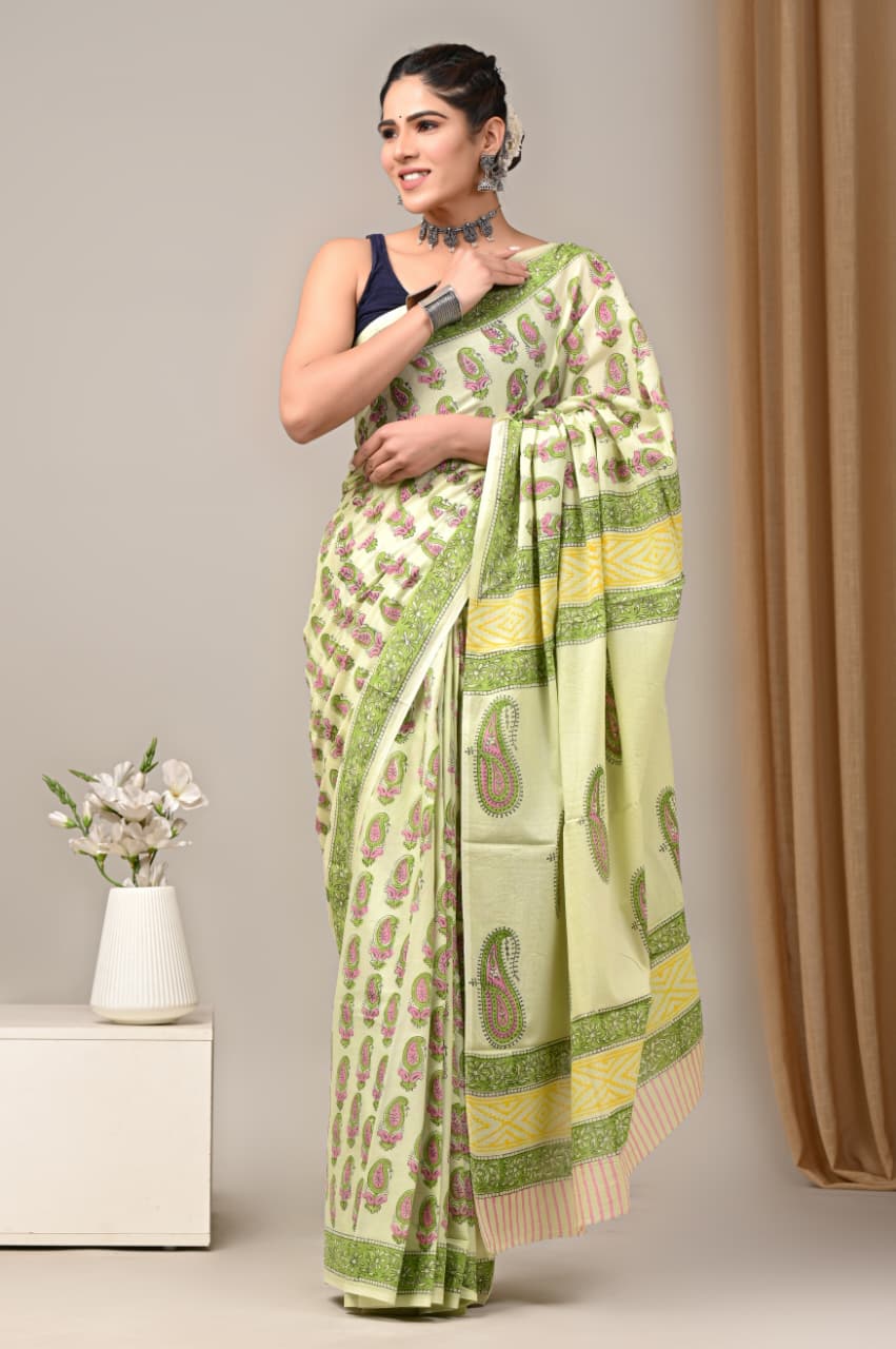 Jaipuri Mulmul Cotton Block Printed Saree With Blouse