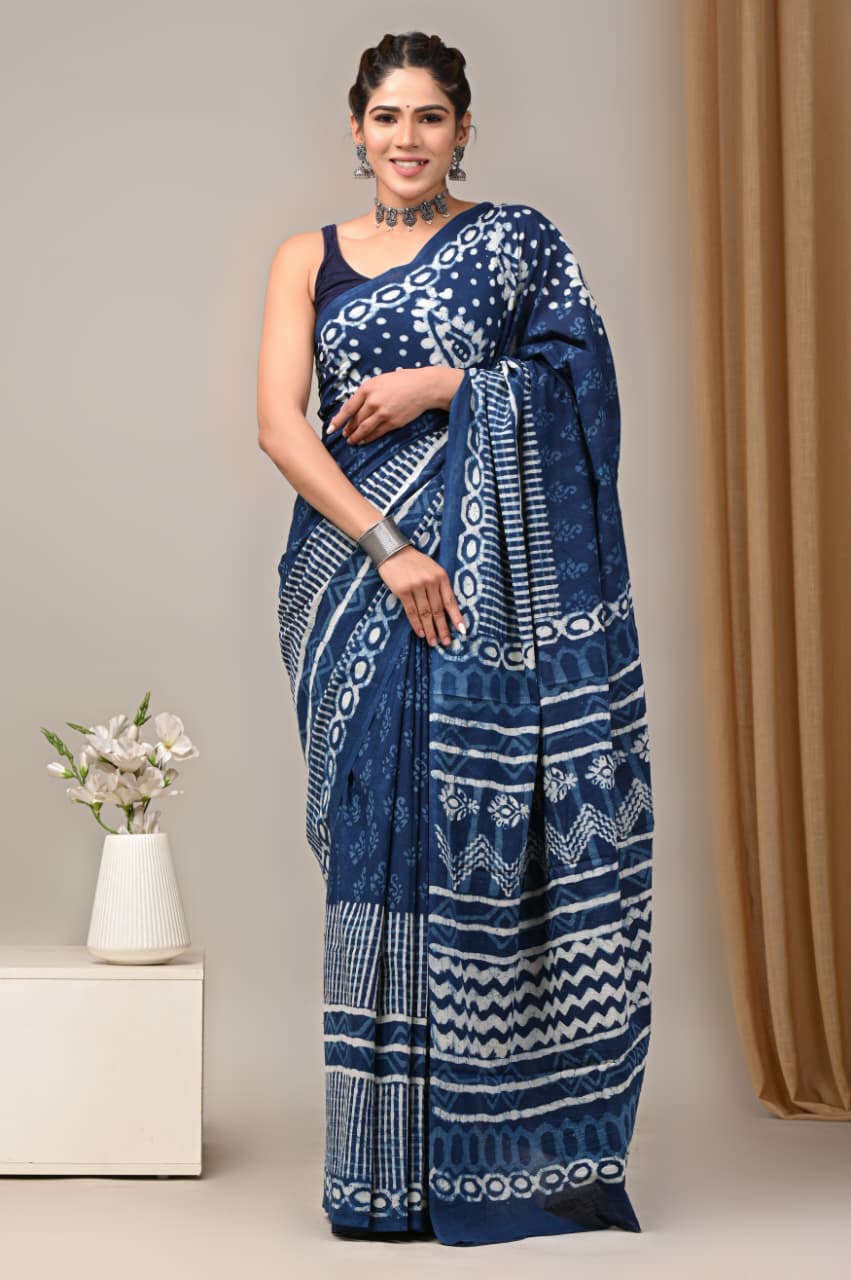 Jaipuri Mulmul Cotton Block Printed Saree With Blouse